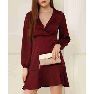 NWT Zara Burgundy Satin Long Sleeve Dress